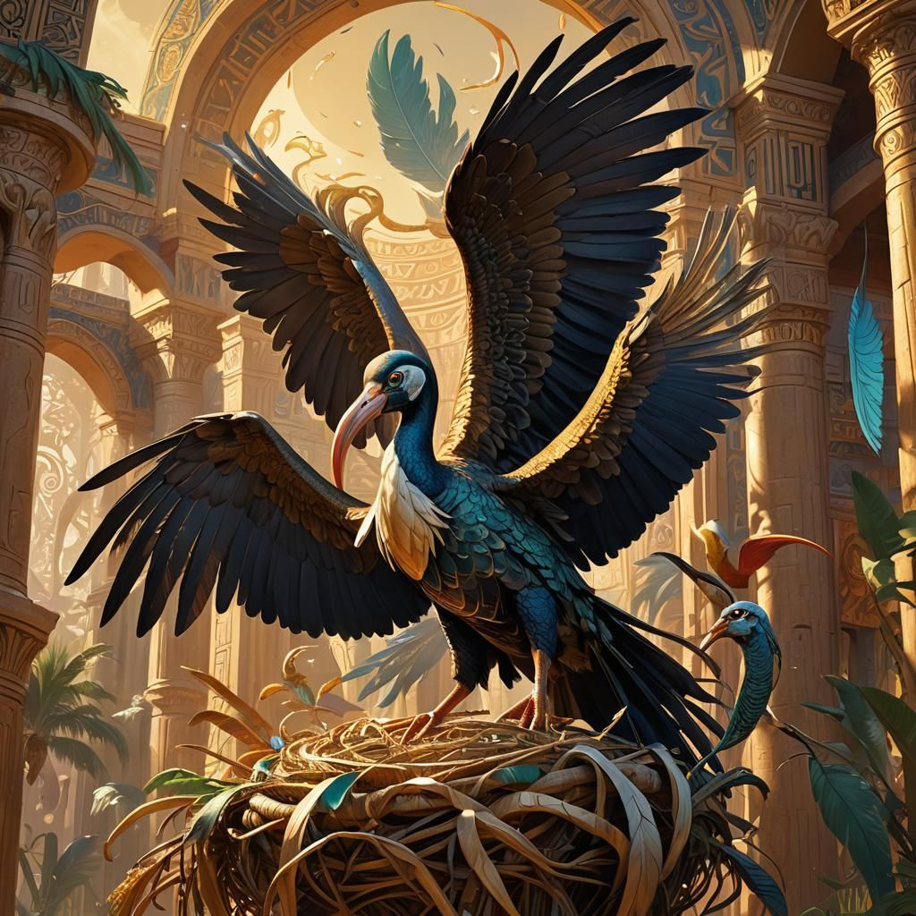 Thoth as Ibis Builds Scroll Nest: Fantasy Art