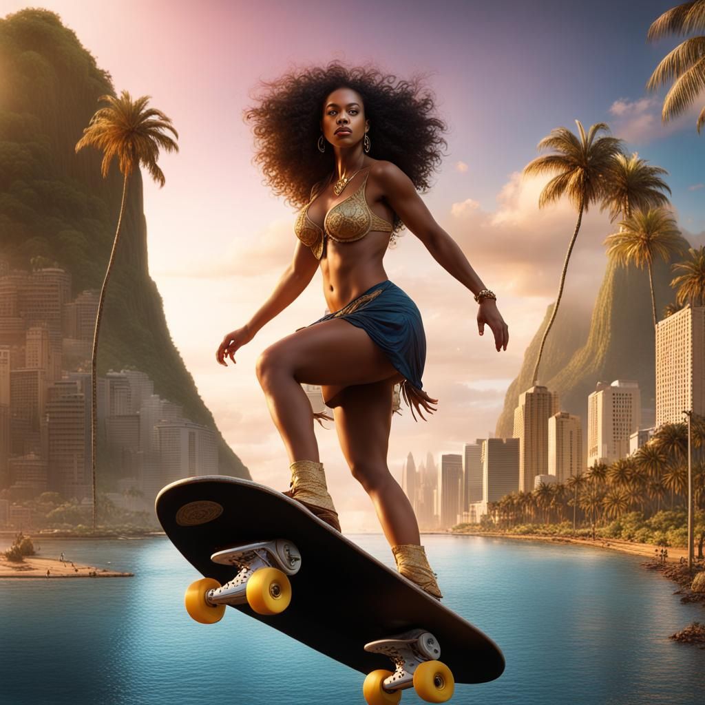 Brazilian Skateboarder at Golden Hour: Digital Art