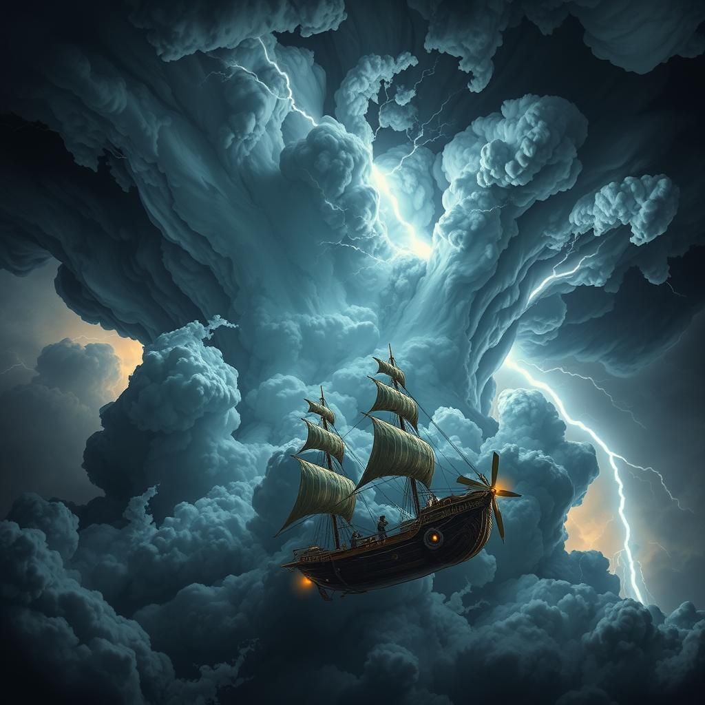 Fantasy Airship Navigates Colossal Storm Cloud