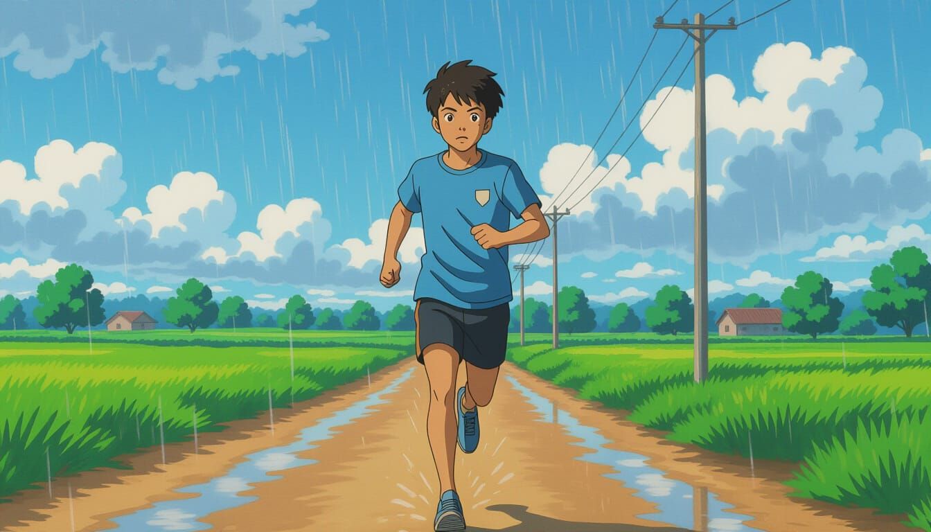 Determined Indian Teen Runner in Heavy Rain