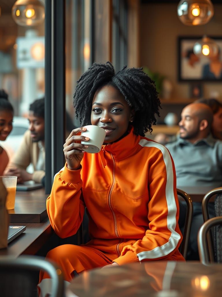 Smiling Woman Enjoys Coffee in Hyper-Realistic Cafe