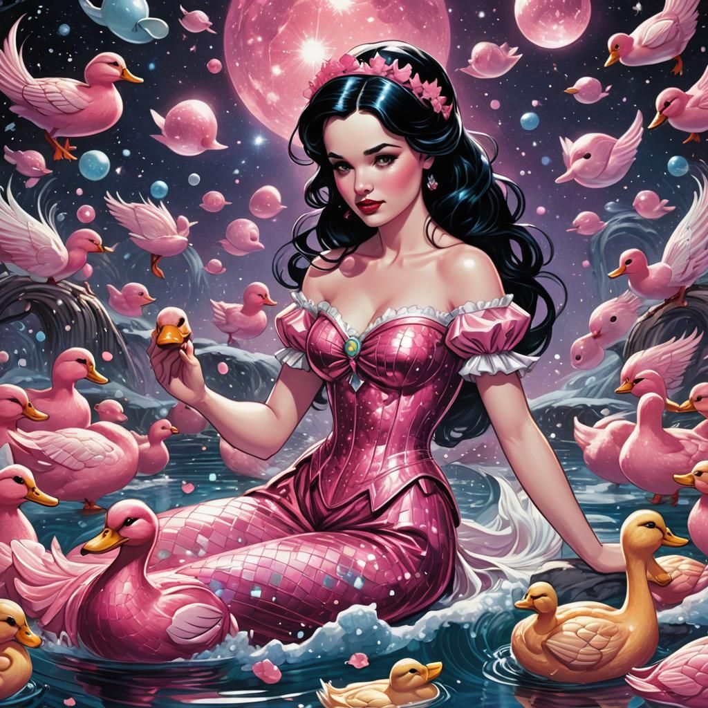 Snow White Space Mermaid with Ducks in Comic Book Style
