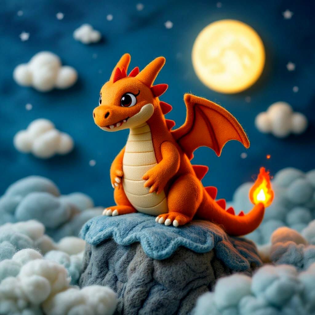Felted Charizard on Woolly Cliff in Storybook Style