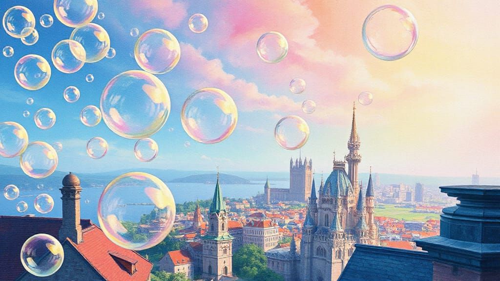 Floating Glass Bubbles Over Dreamscape City in Gouache Style
