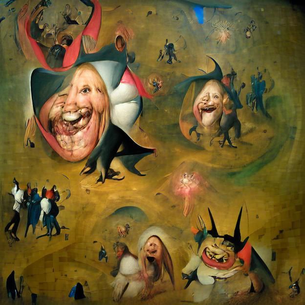 Grotesque Screaming Face Surrounded by Dancing Demons