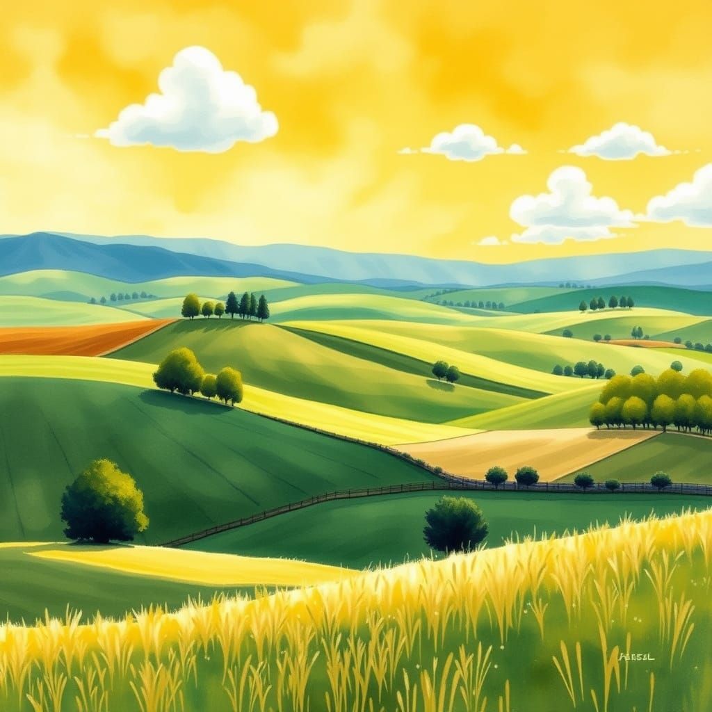 Impressionist Rural Landscape with Rolling Hills and Green P...
