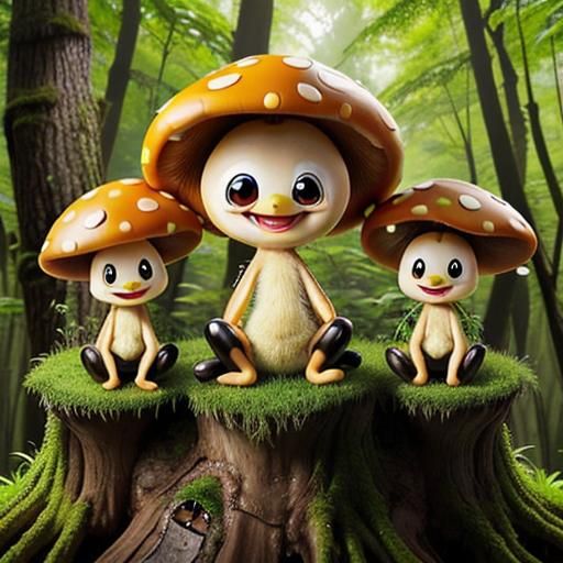 Anthropomorphic Mushrooms in Lush Forest: Macro Photography