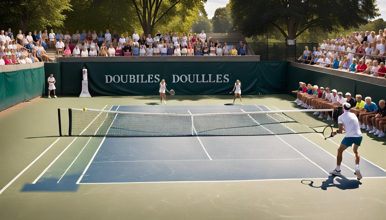 Exciting Mixed Doubles Tennis Match with Cheering Crowd