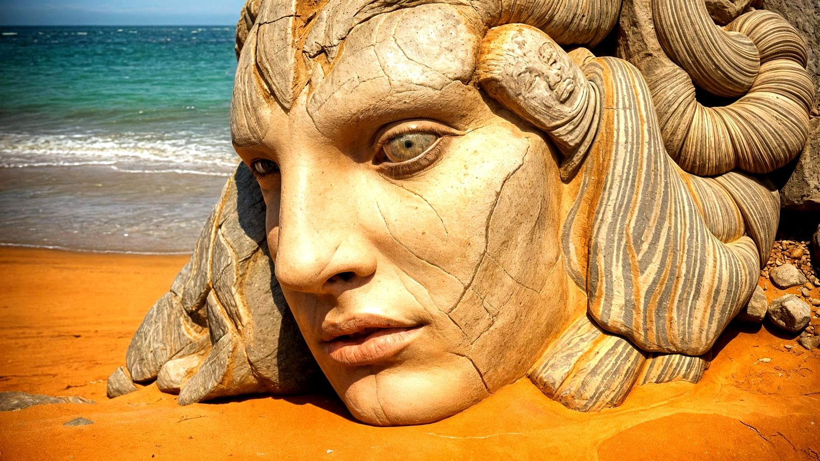 Weathered Stone Face on a Beach, Hyperrealistic