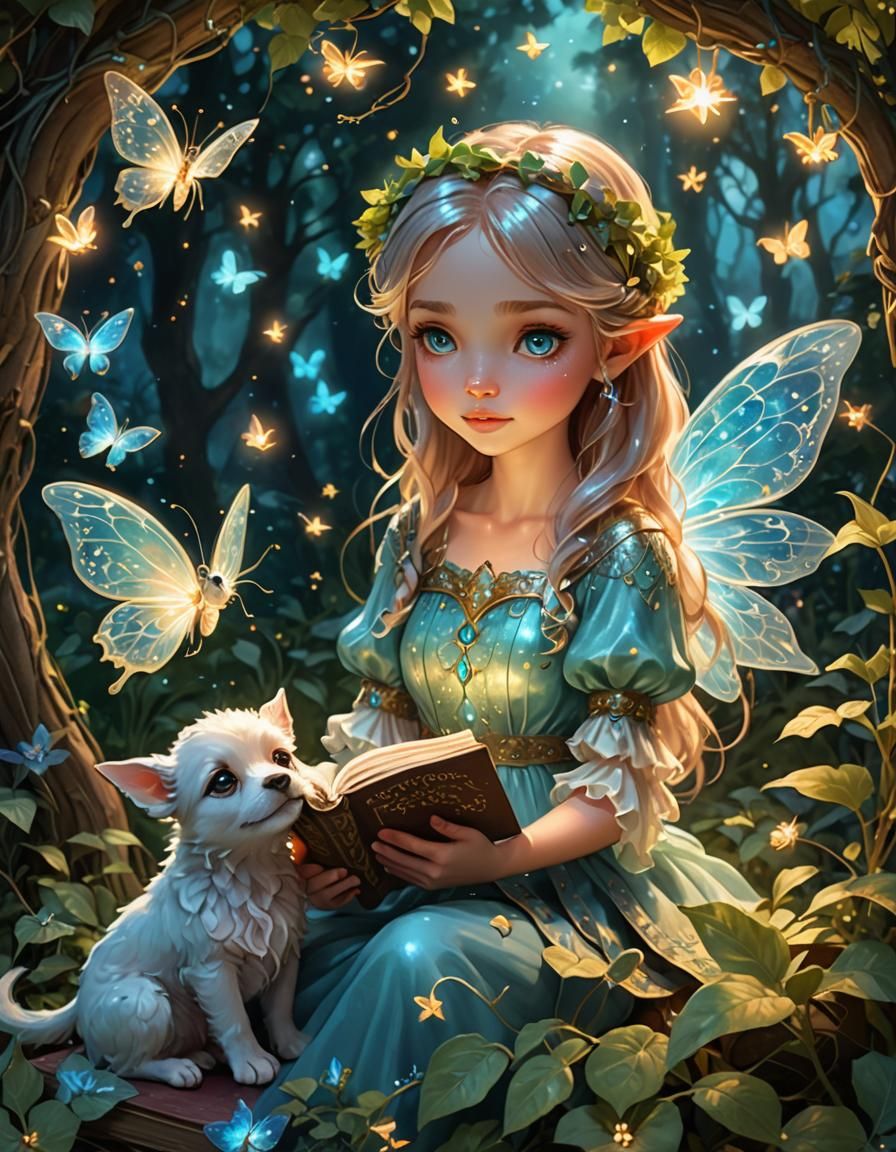 Fairy Reading Book with Puppy in Dreamy Garden