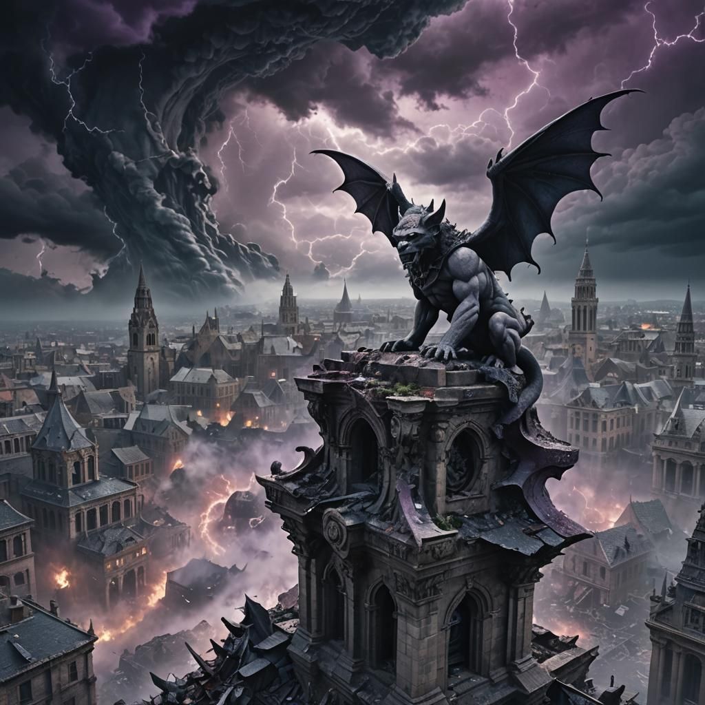 Gargoyle in Gothic City During Tornado