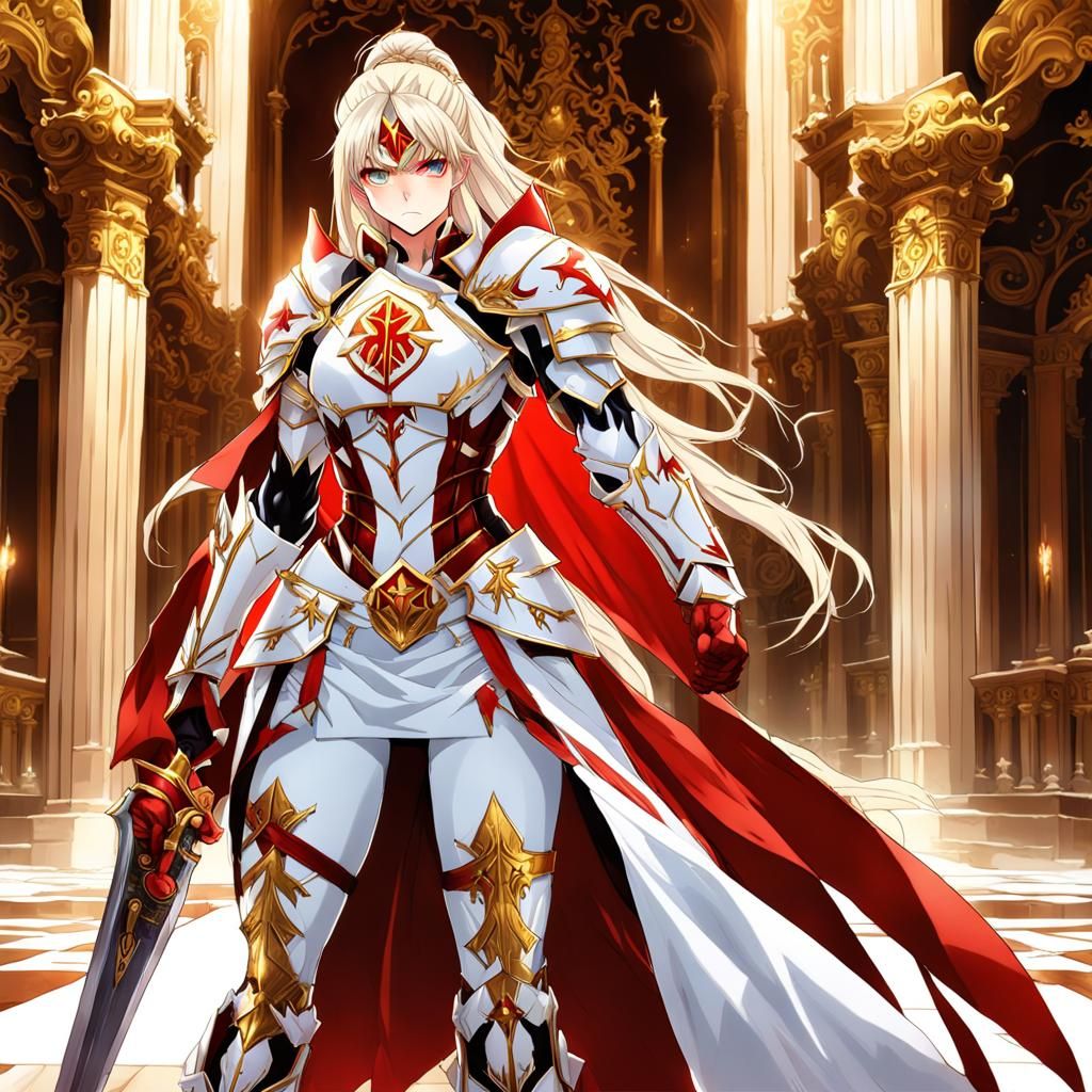 Armored Girl with Red Eyes in Anime Style