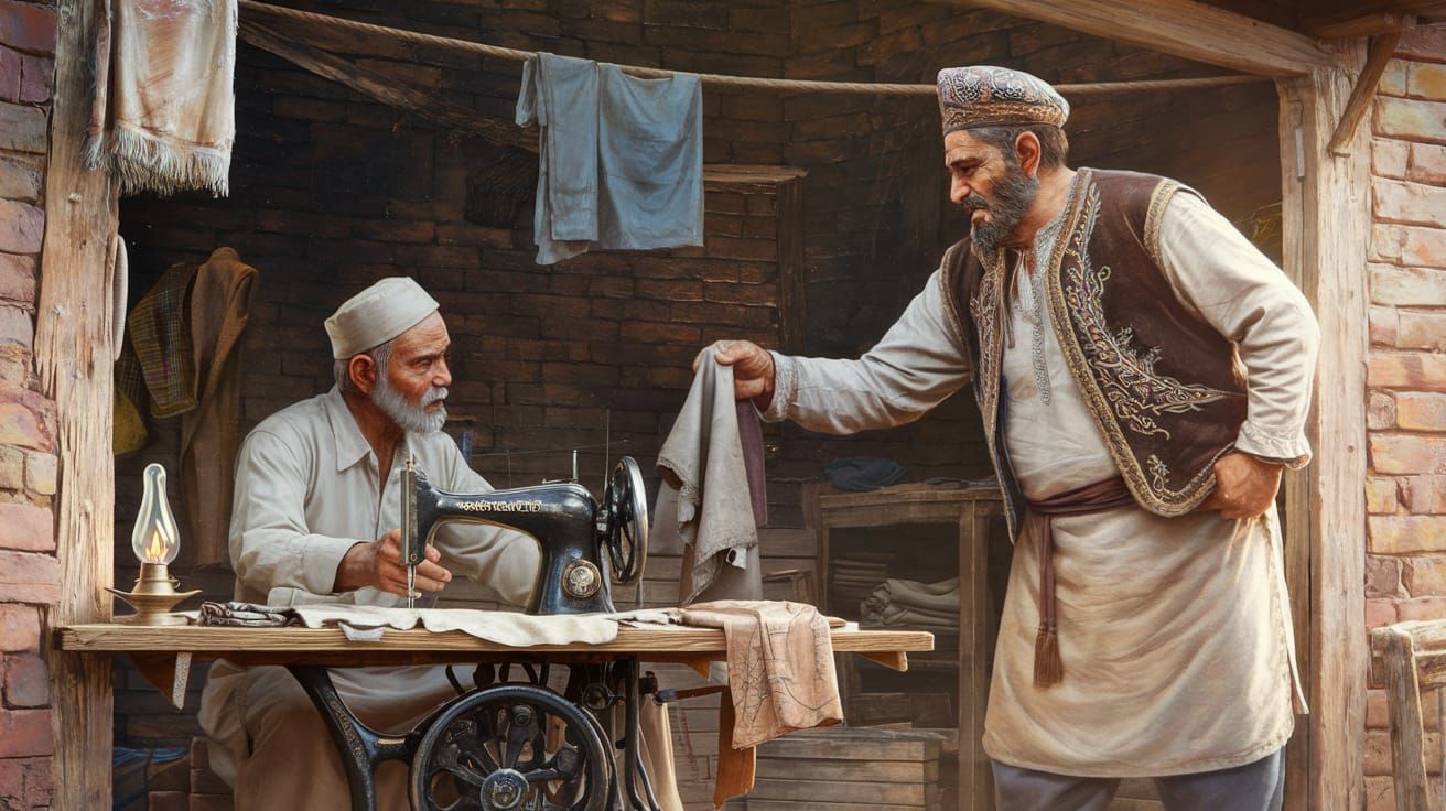 Tense Encounter in a Tailor's Shop: Matte Painting