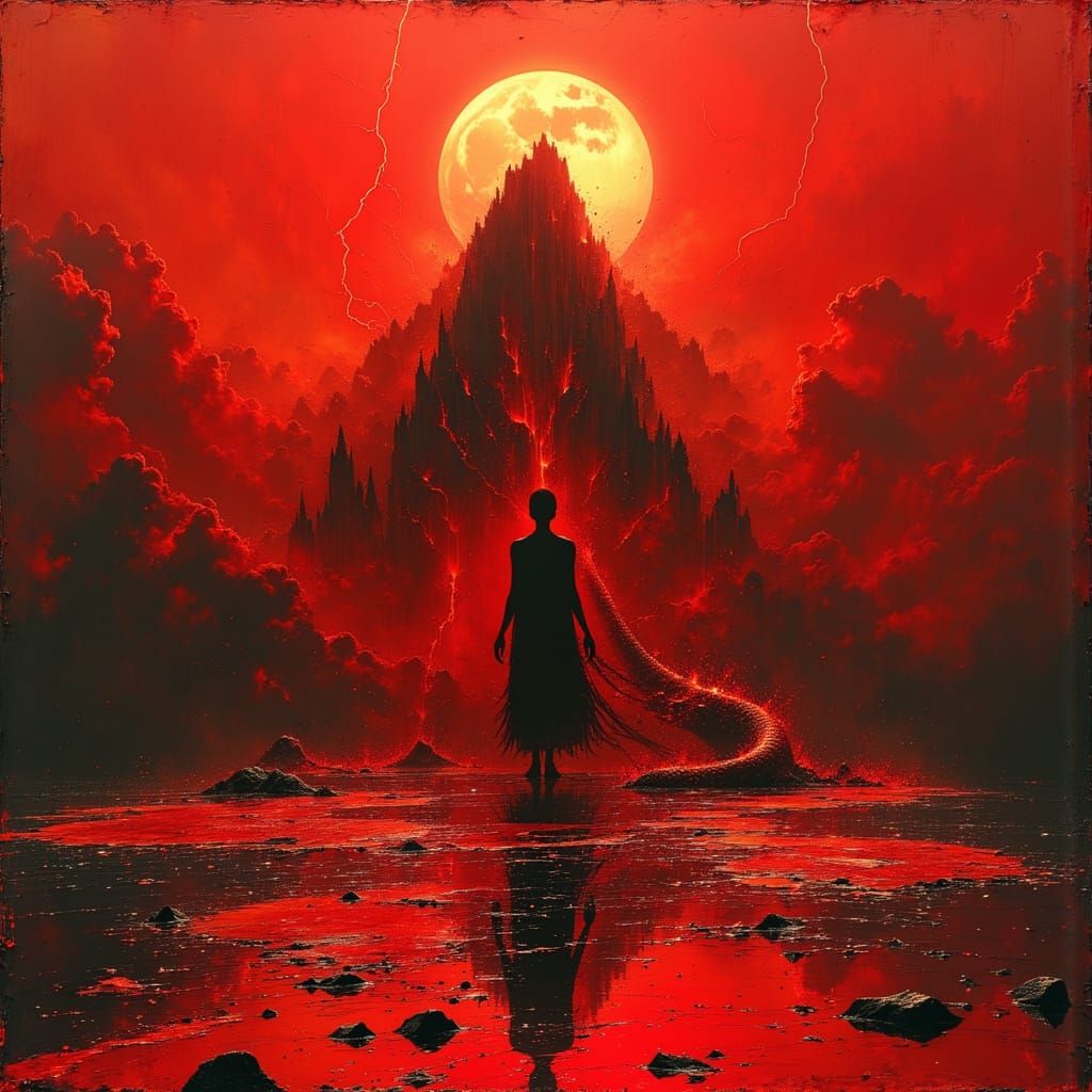 Blindfolded Oracle in Crimson Glass Cathedral, Ruby Drips, F...