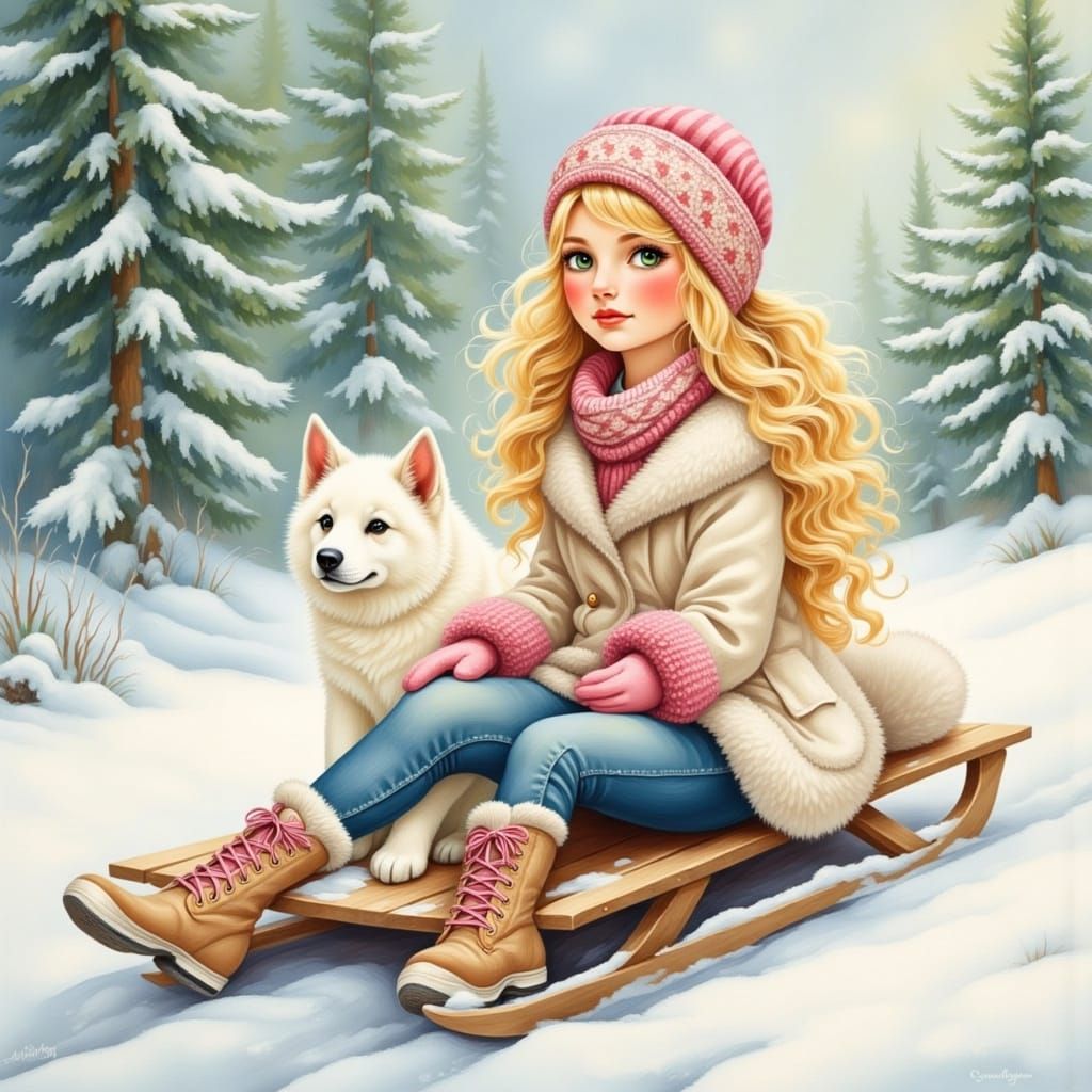 Girl and Puppy on Sled in Snowy Fairytale Landscape