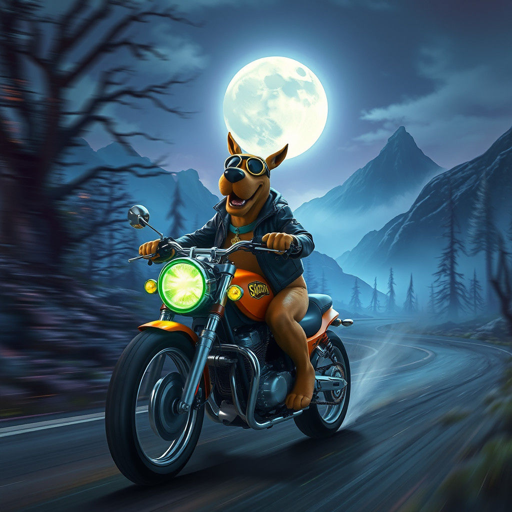 Scooby Doo Rides Motorcycle in Dreamlike Landscape