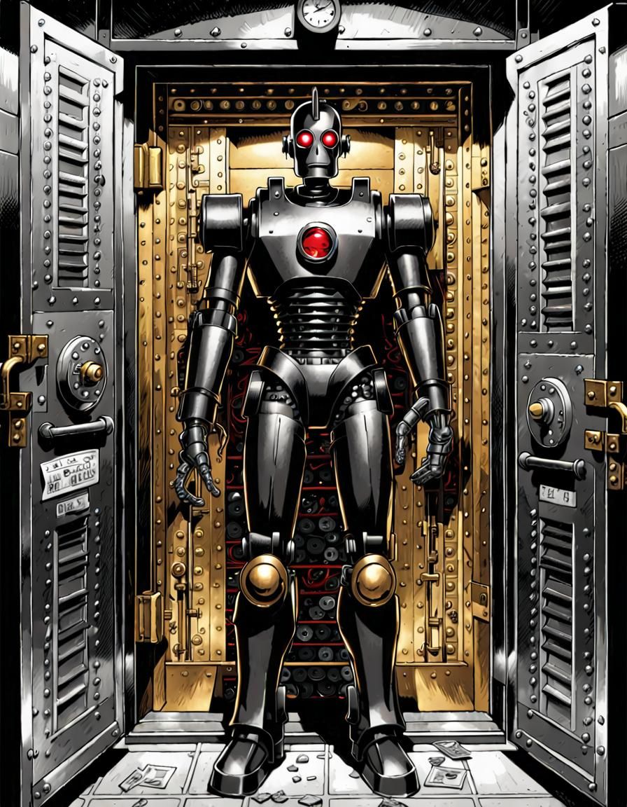 Robot Detective in Bank Vault, Film Noir Comic Art