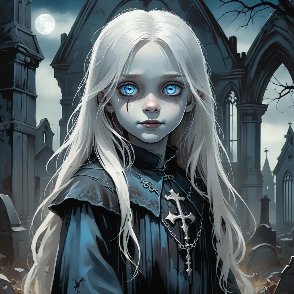 Eerie Portrait of a Girl in Gothic Graveyard
