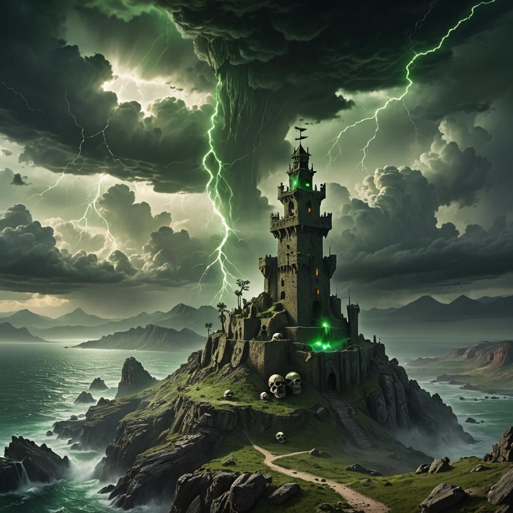 Macabre Skull Tower Lasers in Dark Fantasy Landscape