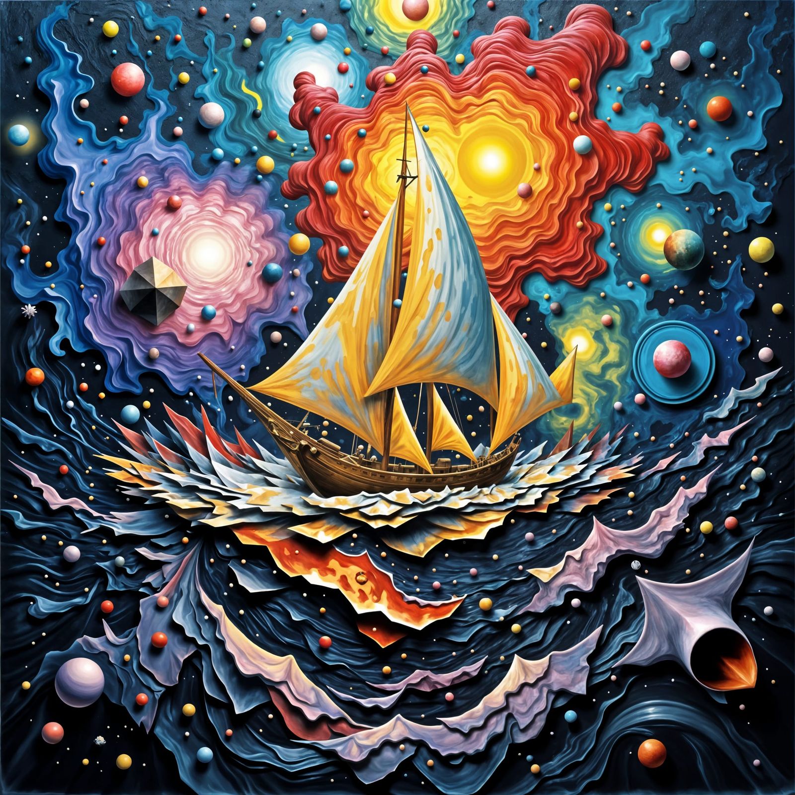 Abstract Ship Navigating Intense Nebula in Geometric Style