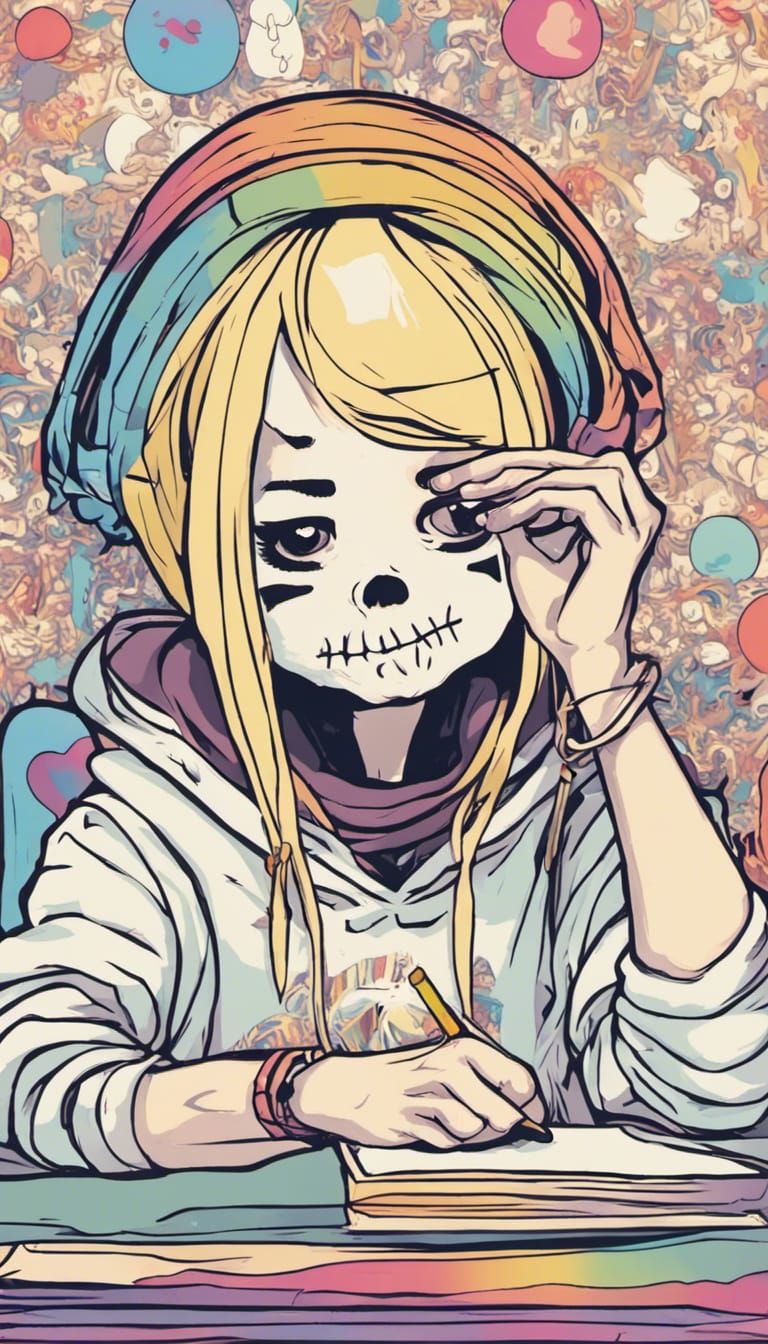 Skeleton Girl Snorting Words: Abstract Digital Art