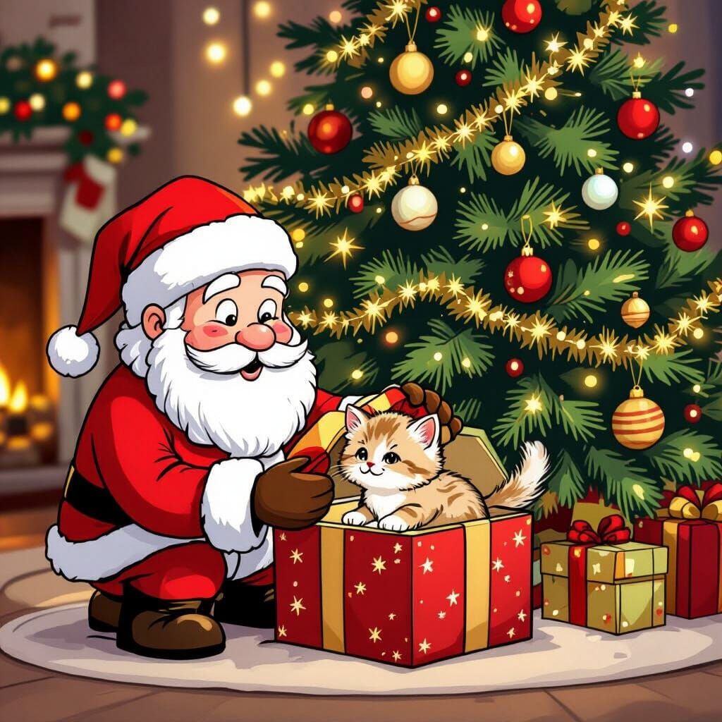 Santa Places Kitten in Gift Box Next to Christmas Tree