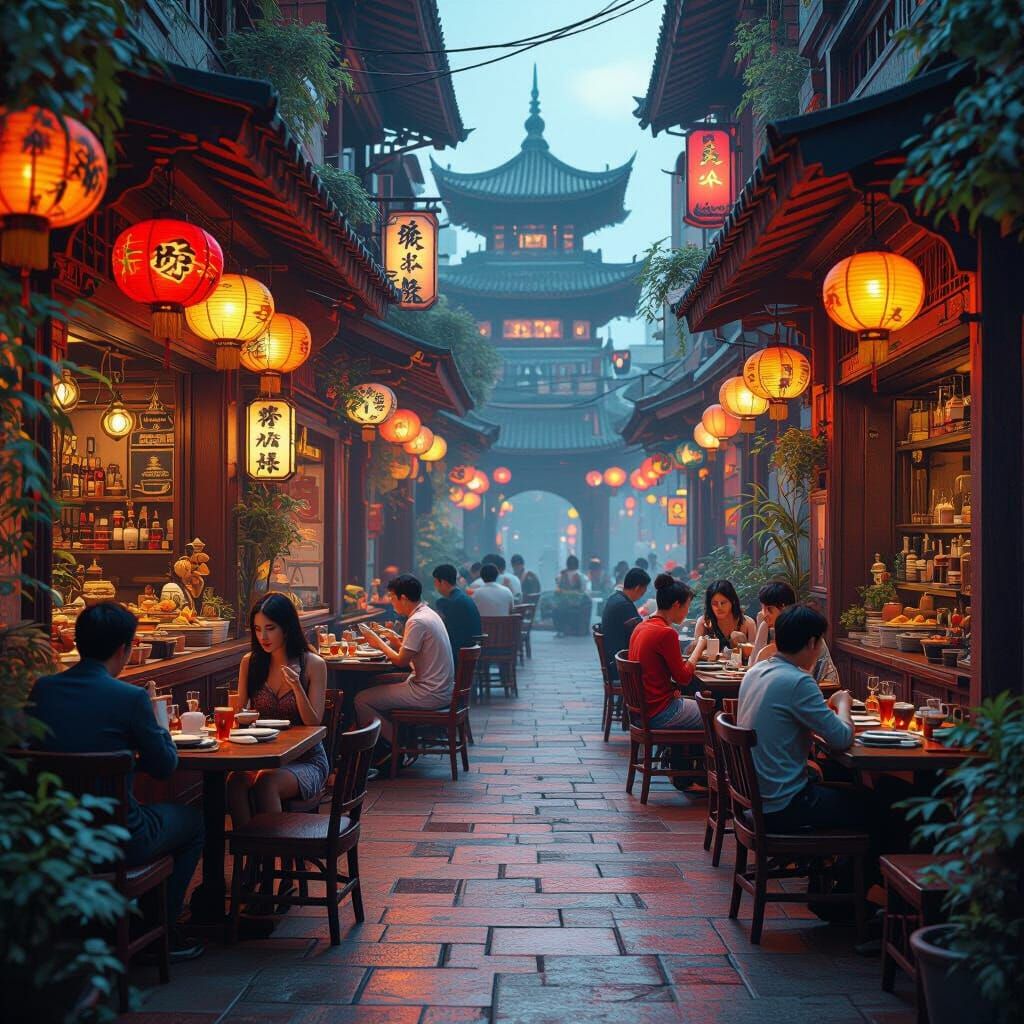 Fantastical Asian Cuisine Scene in Conceptual Art Style
