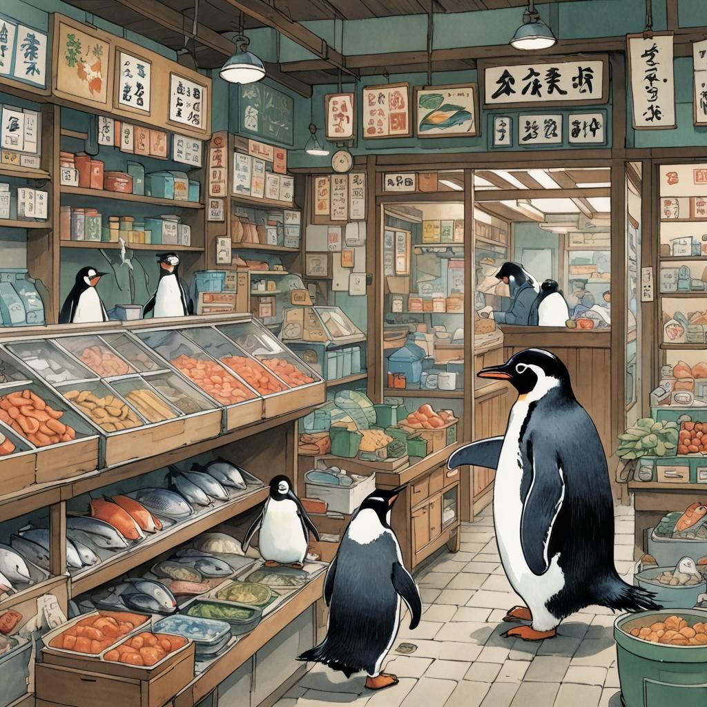 Penguin Shops for Fish in Japan: Storybook Illustration