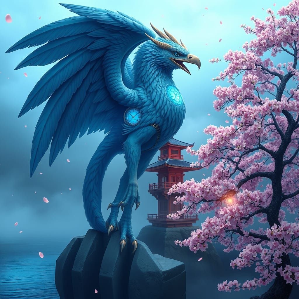 Clockwork Griffin on Pagoda with Cherry Blossoms