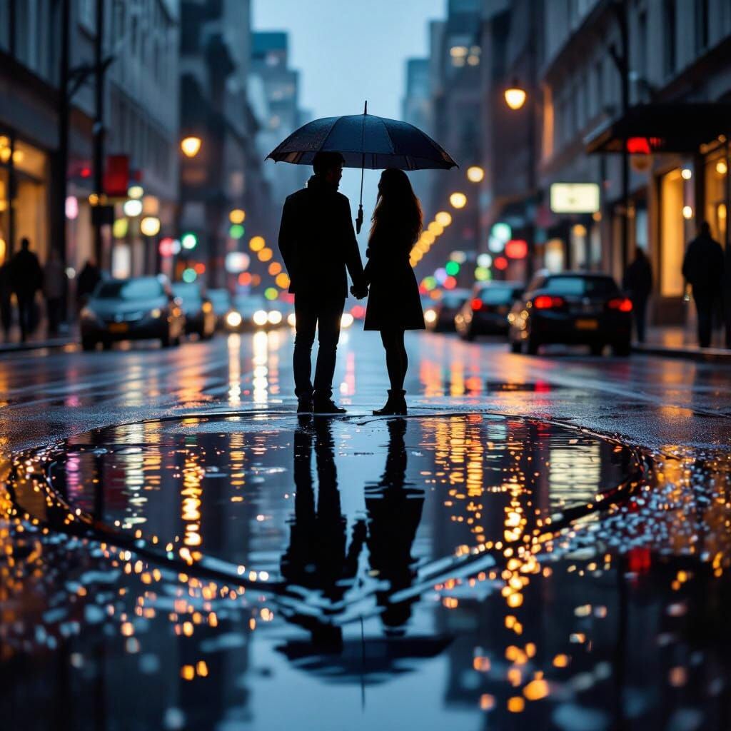 Romantic Heart Puddle Reflection on Rainy City Street