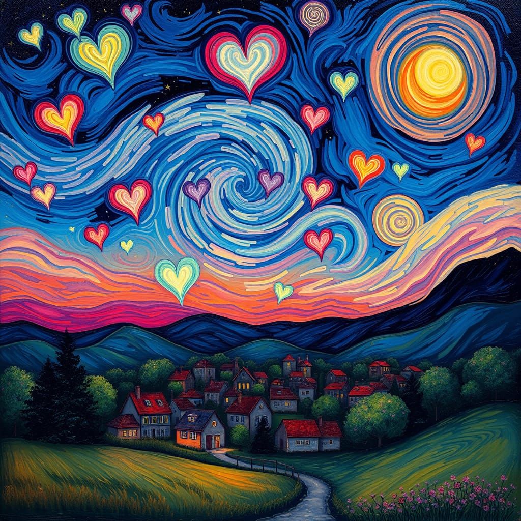 Heart-Shaped Clouds Over Serene Village as Dreamy Art