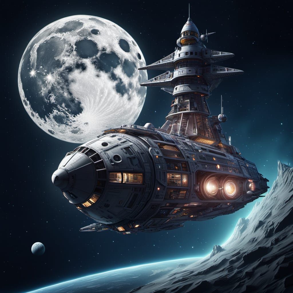 For today's Masterpiece Monday: A spaceship heads to the moon, the ship is transparent and has a library abstract vector...