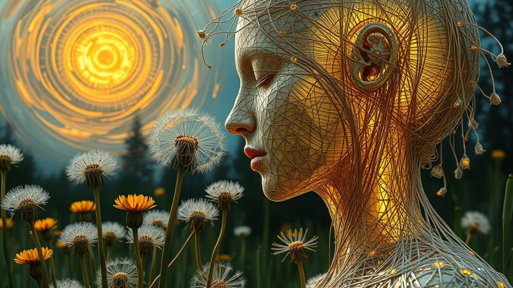 Ethereal String Woman Kissing Sun in Bio-Art Garden