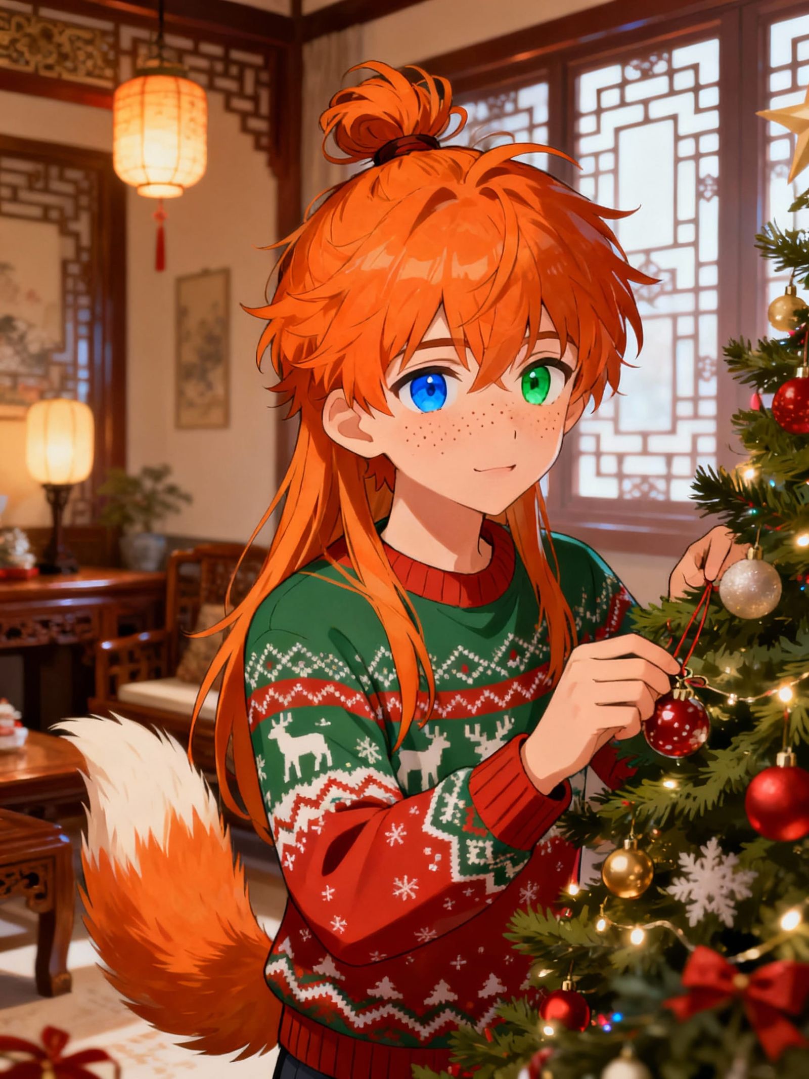 Anime Boy Decorates Tree in Cozy Chinese Living Room