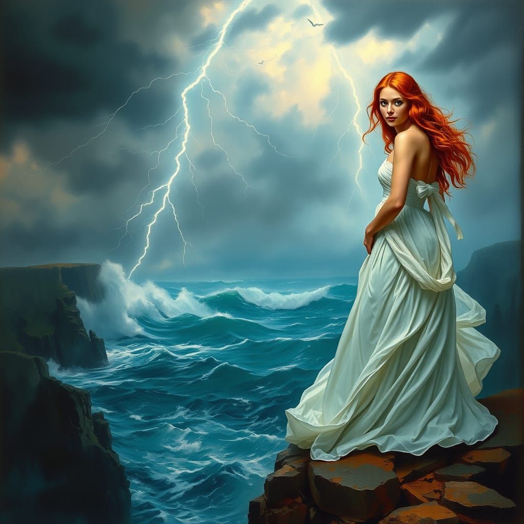 Woman on Cliff Overlooking Stormy Sea