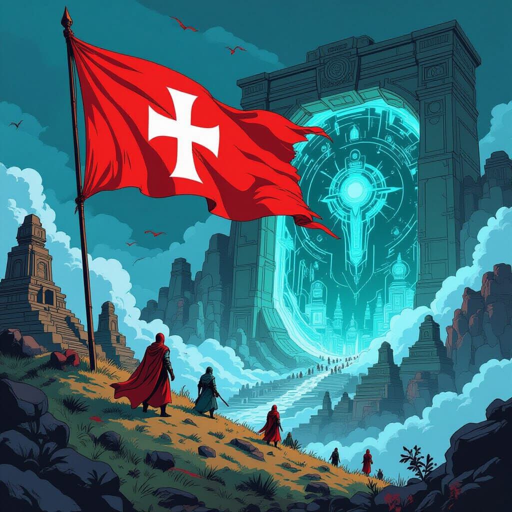 Warlike Banner with Cross in Comic Style