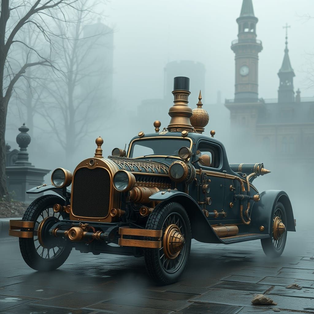 Intricate Steampunk Car in Misty Victorian Setting