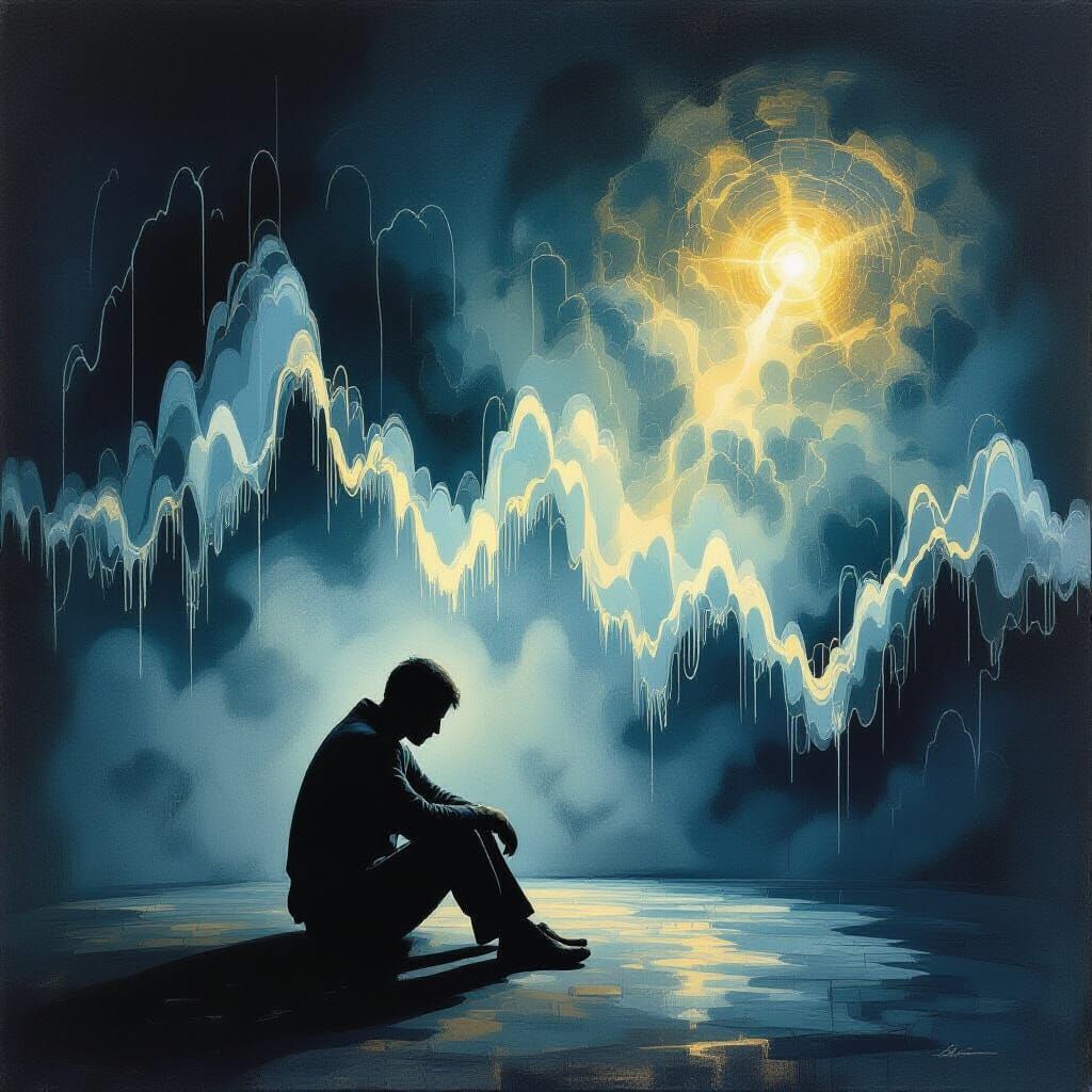 Surrealist Figure Contemplates Truth Amidst Sonic Chaos