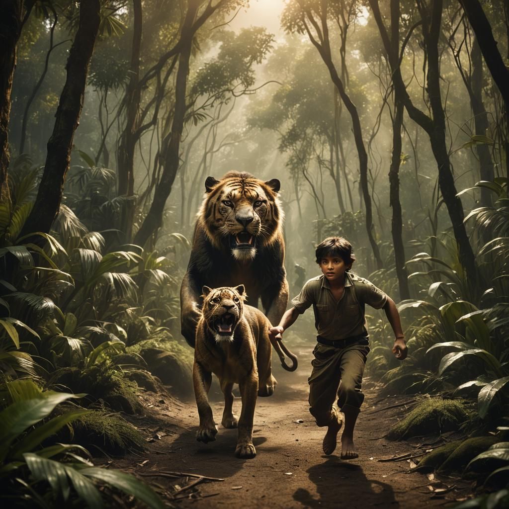 Jungle Chase: Sheer Khan Pursues Mowgli in Cinematic Style