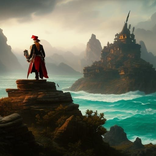 Detailed Pirate Captain with Treasure and Parrot