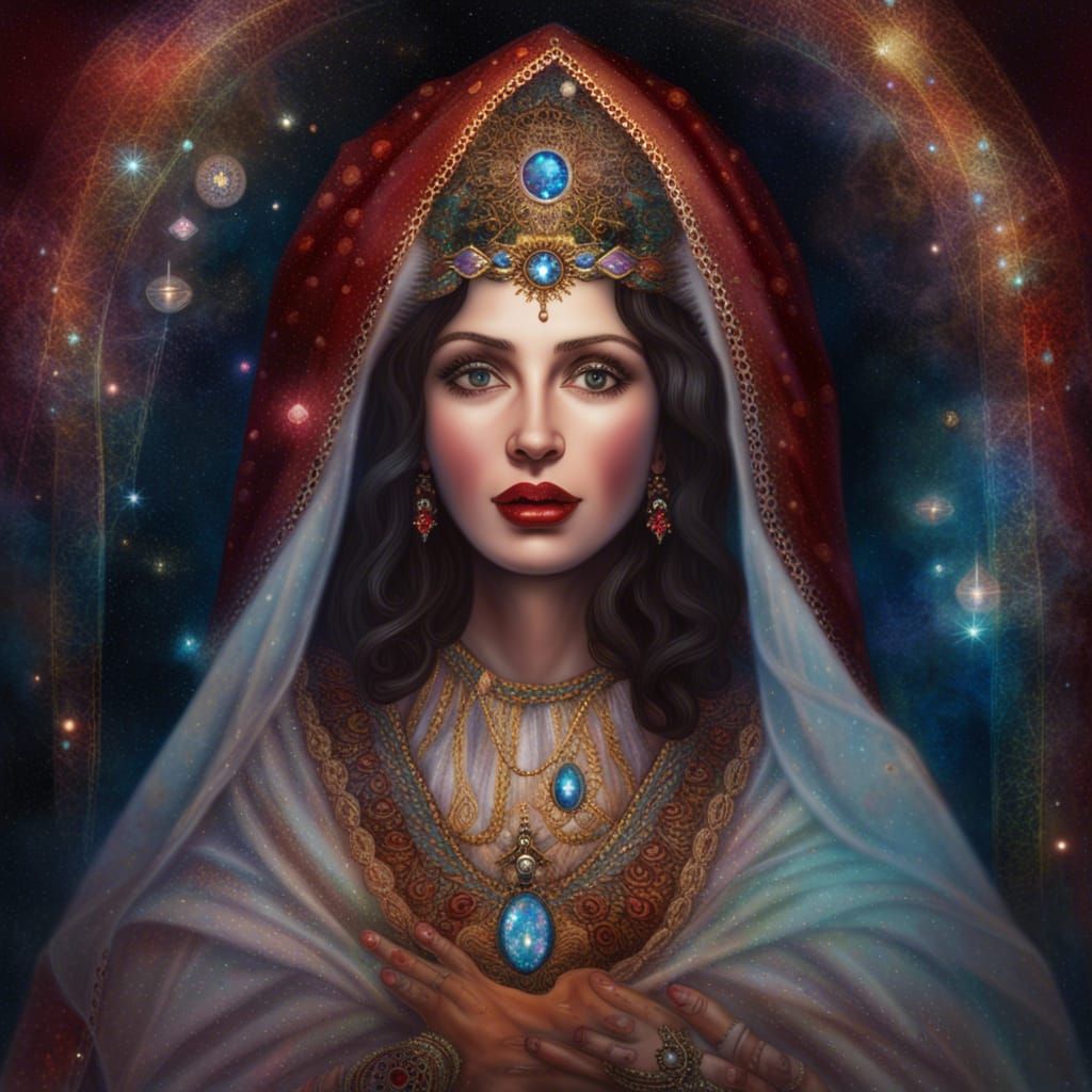 Frontal portrait of our lady in heaven, head covering, soulf...