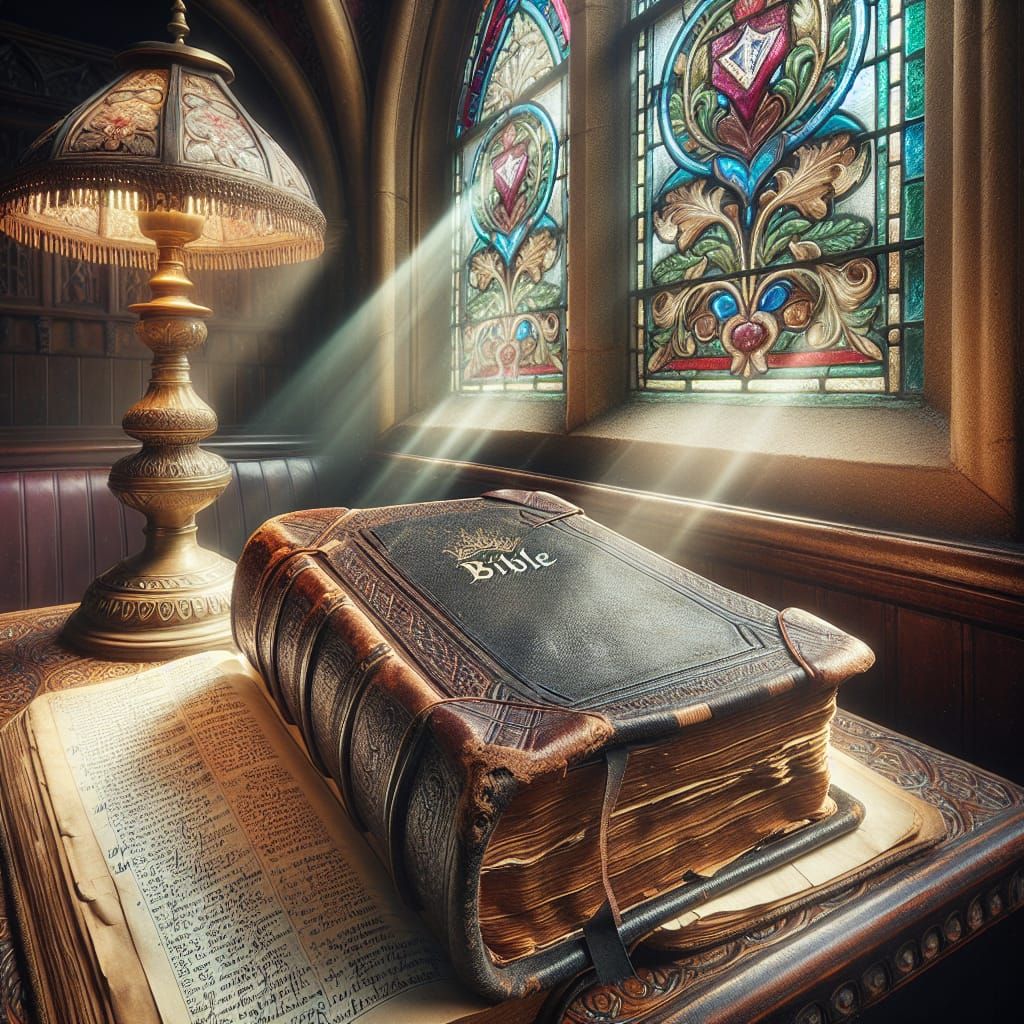 Illuminated Antique Bible on Carved Table