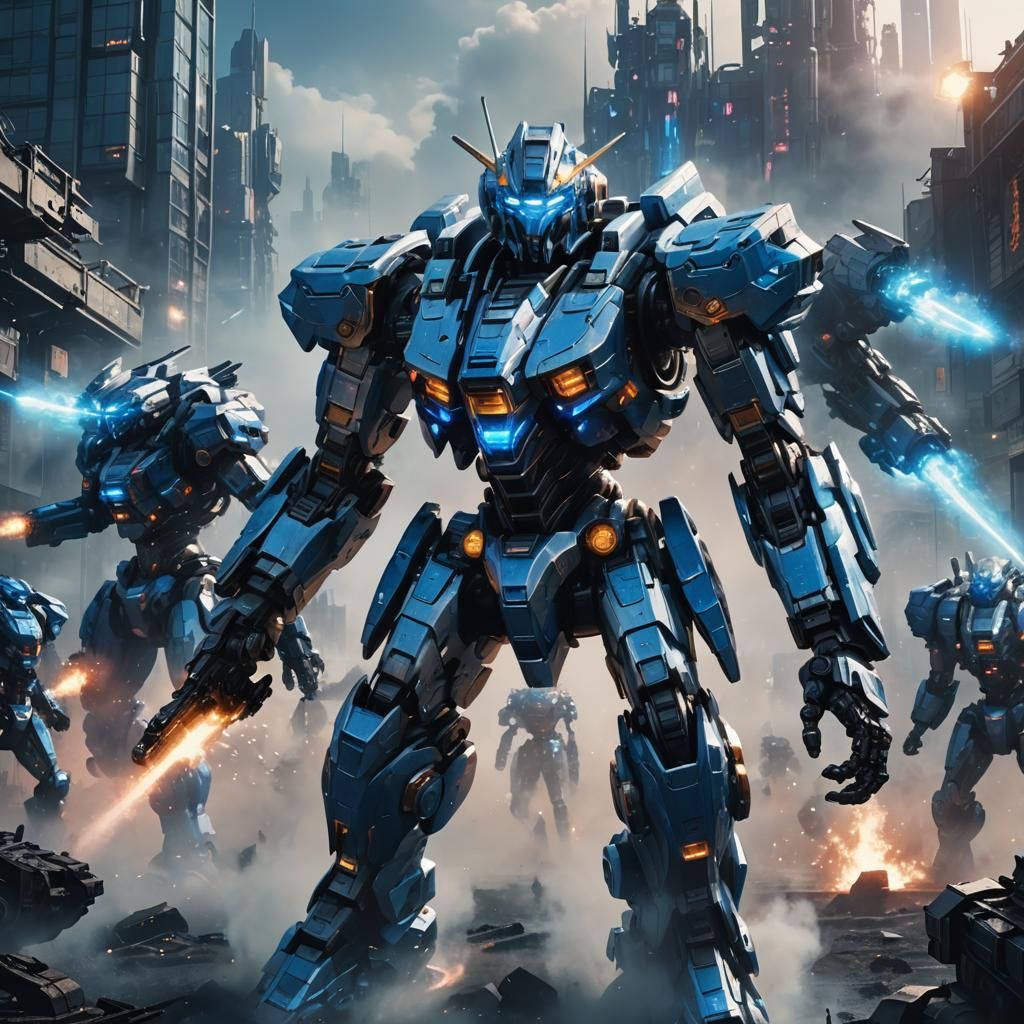 Highly advanced mecha getting prepared for war with evil mechas and fully armored nd joined by friendly mechas with blue...