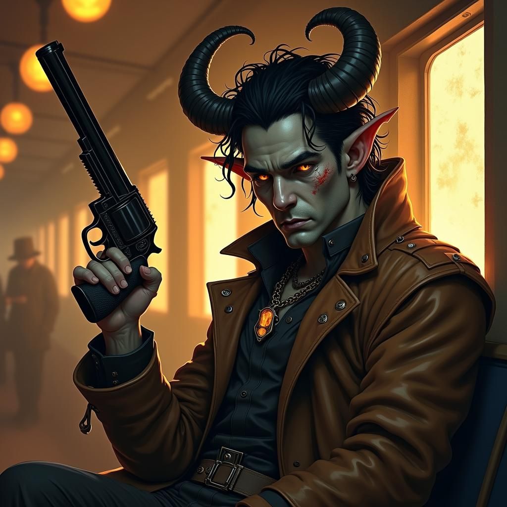 Mysterious Tiefling Gunslinger in Dimly Lit Train Interior