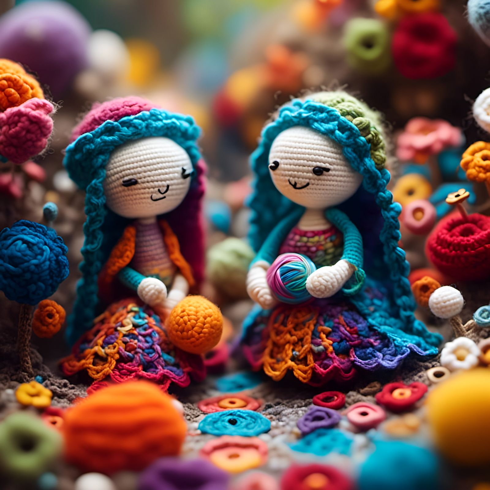 Close-up Crochet Figures in a Scene of Kindness