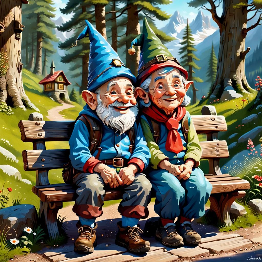Happy Gnome Couple on Bench: Digital Art