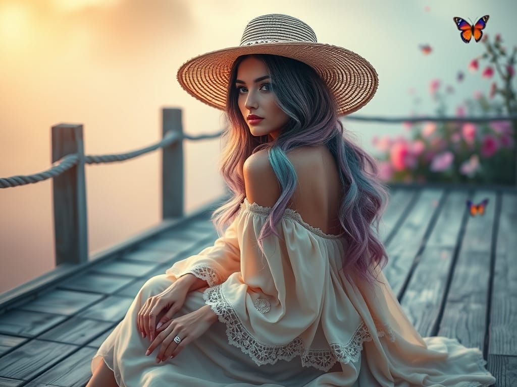 A photo of a woman with long, glowing hair in shades of blue...