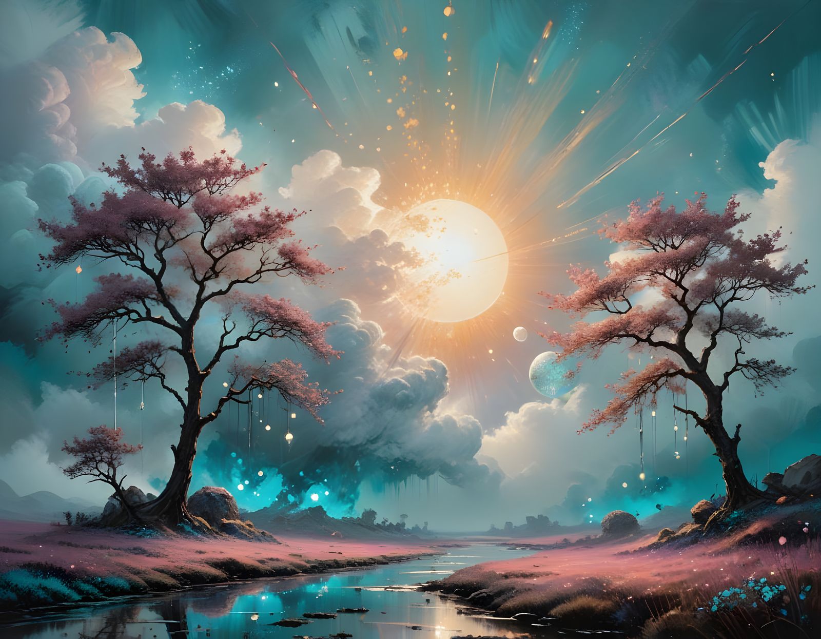 Bioluminescent Landscape with Impasto Painting Techniques