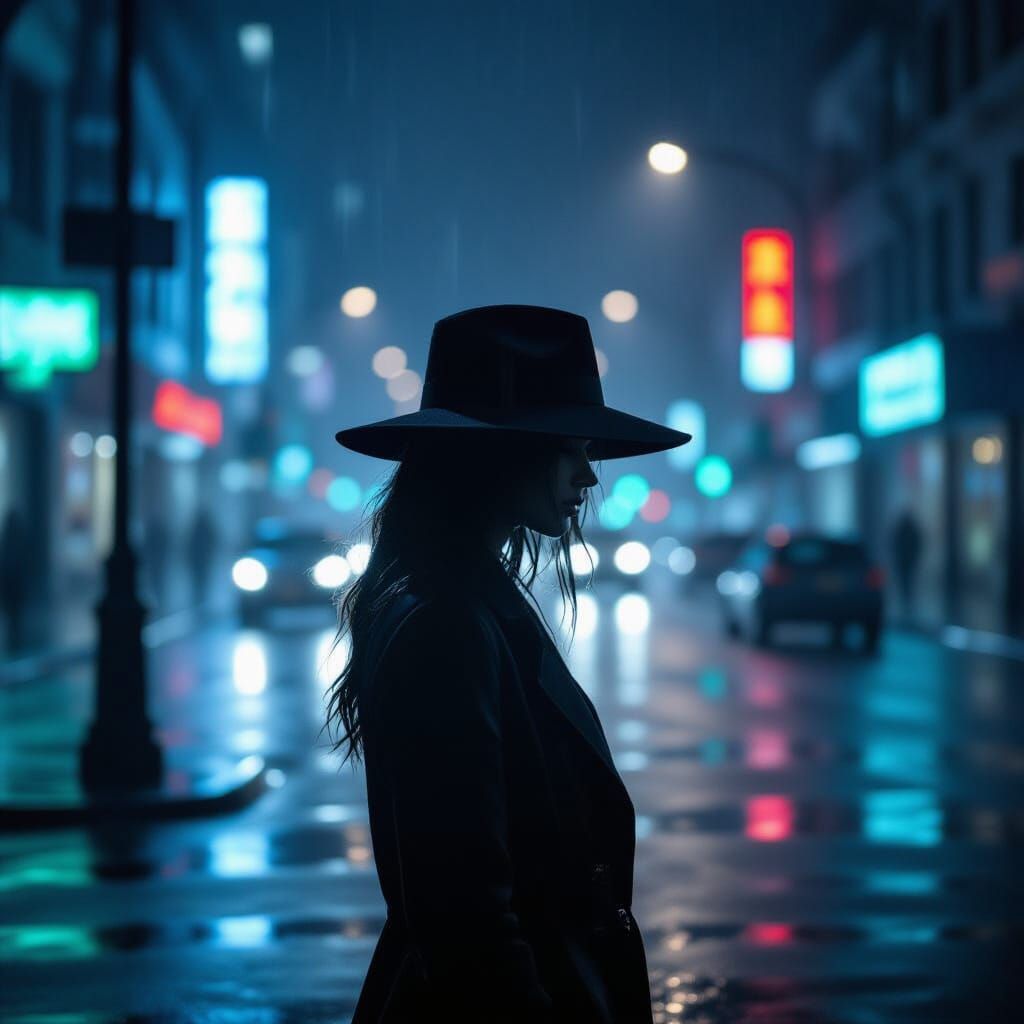 Cinematic Solitary Figure in Rainy Cityscape