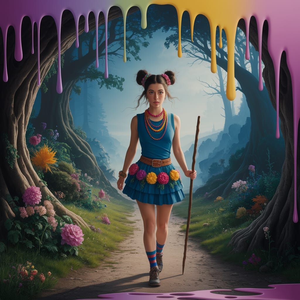 Lone Traveler in Magical Forest: Surrealist Painting